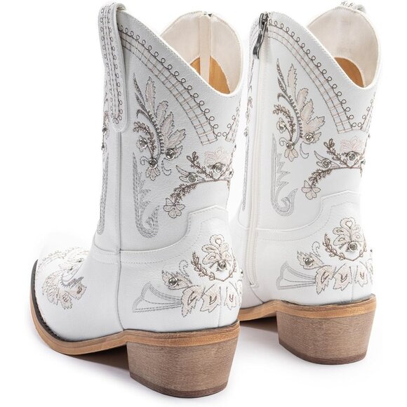 Women White Cowgirl with Sparkly Embroidered Rhinestone Short Western Ankle Boot - Picture 4 of 8